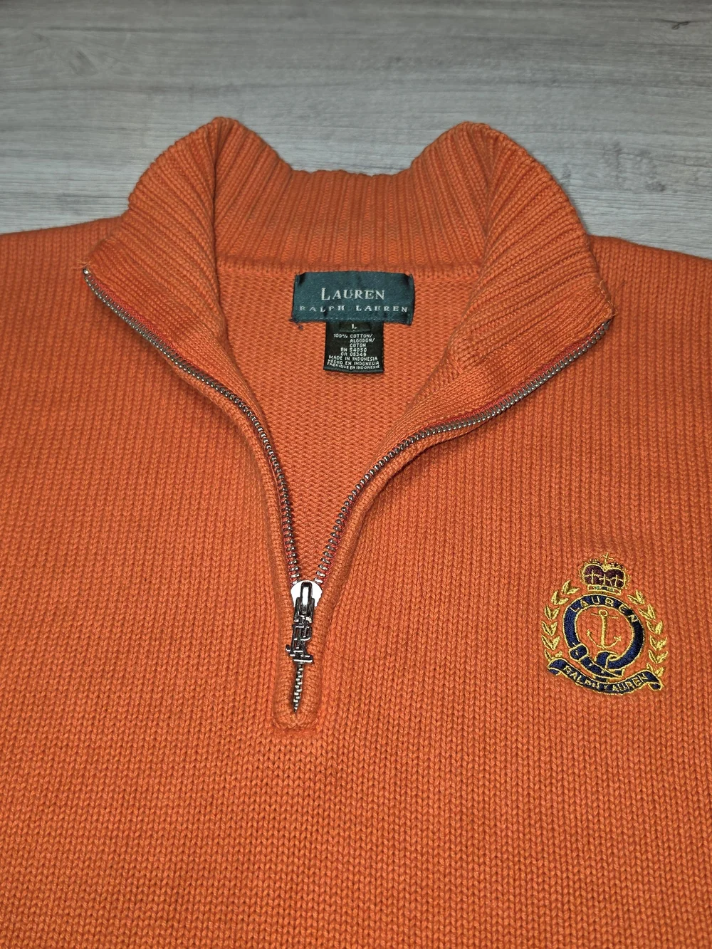 Vtg Lauren Ralph Lauren 1/4 Zip Sweater Men's Orange Anchor & Crown Logo Size L